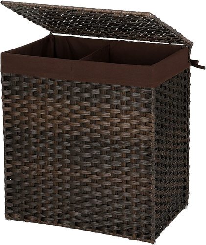 Prüfen Songmics LCB52BR Wäschekorb aus Polyrattan, 110 l, mit Deckel und herausnehmbarem Wäschesack, braun, 57 x 33 x 60 cm