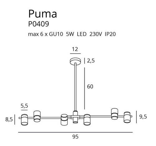 Prüfen Pendelleuchte Max Light Puma P0409 6-flammig Gold Schwarz 95 cm Metall