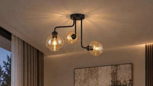 Prüfen Keter Lighting MONDE BLACK 1984 Deckenleuchte, 3×E27, schwarz mit honigfarbenem Glas