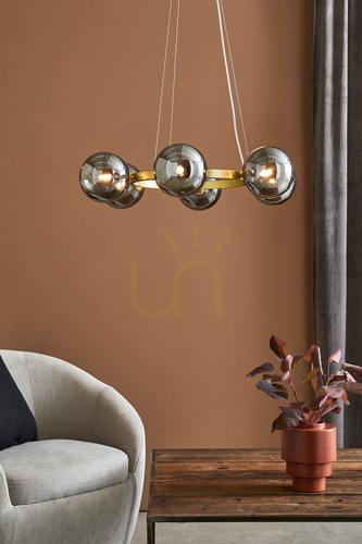 Prüfen Pendelleuchte Markslojd Circle 6-flammig Gold Rauchglas G9 71 cm 108050