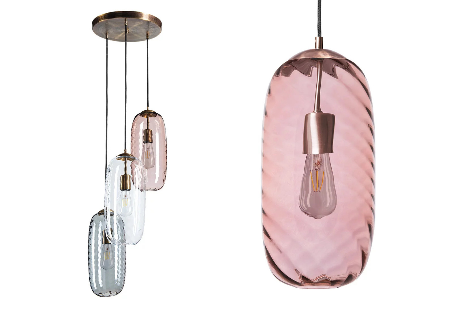 Famlight CHLOE Pendelleuchte set of 3, graues, klares und braunes Glas, Altmessing