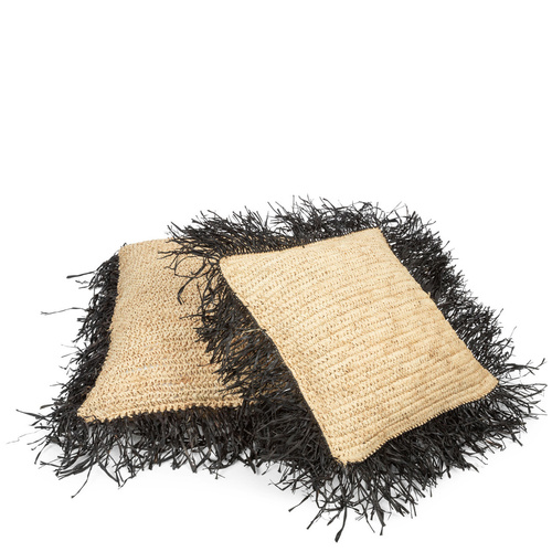 Prüfen Kissenbezug aus Raffia The Raffia 60x60 cm, Natur mit schwarzen Fransen