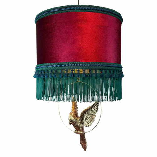 Prüfen ANTIGUA Pendelleuchte Samt Rot-Grün mit goldener Papageienfigur 45 cm Las Plumas