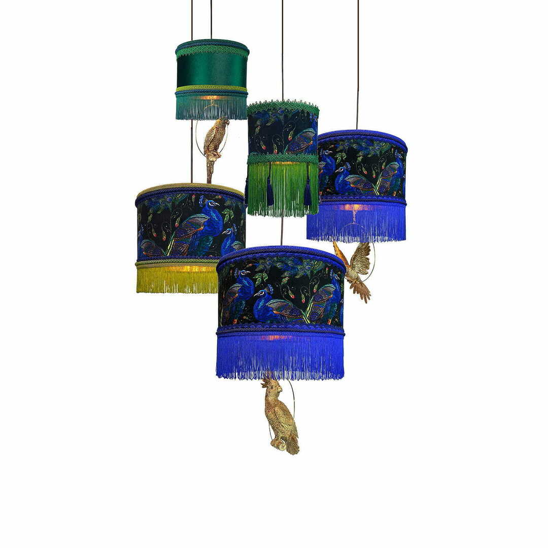 Pendelleuchte PALMA Las Plumas, 5 × E27, mit Samtschirmen