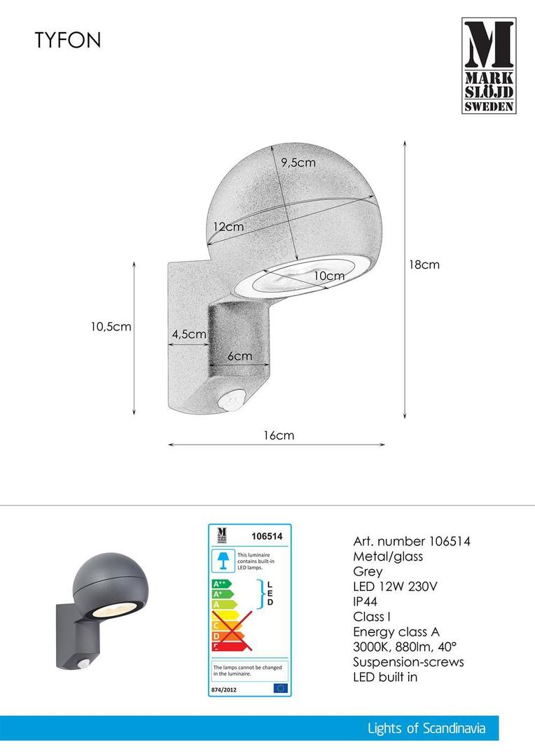 Aplica de perete cu senzor Markslojd Tyfon gri inchis aluminiu IP44 106514