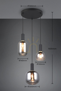 Trio DIVA Pendelleuchte 319830332, 3 × E27, Schwarz matt und verchromtes Glas small 6