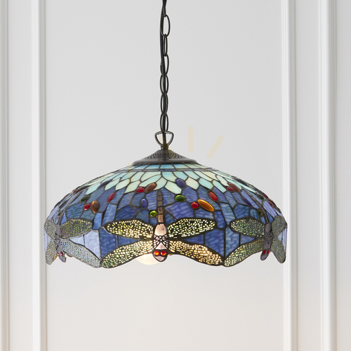 Prüfen Pendelleuchte Interiors Dragonfly Tiffany Blau Glas 3-flammig 64080