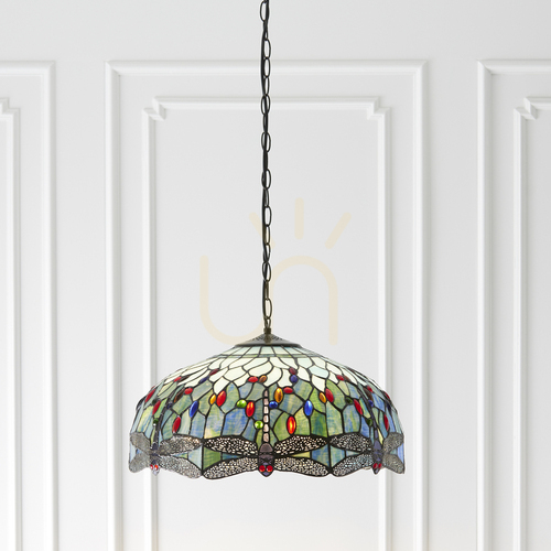 Prüfen Pendelleuchte Dragonfly Tiffany Blau 3-flammig E27 Glas Stahl Interiors 66148