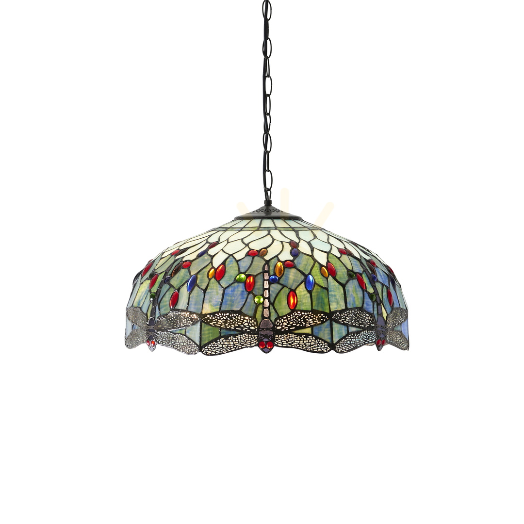 Pendelleuchte Dragonfly Tiffany Blau 3-flammig E27 Glas Stahl Interiors 66148