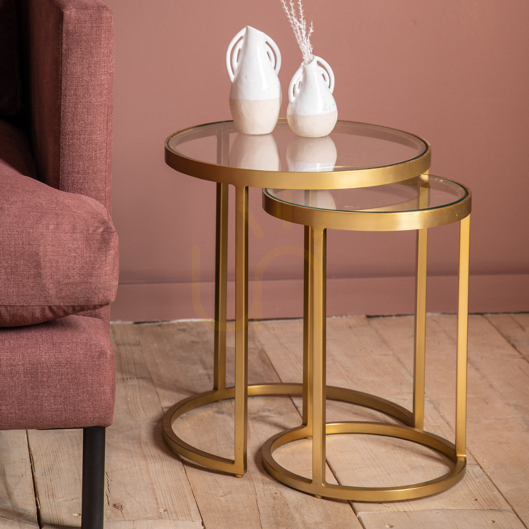 Aussicht Beistelltisch 2er-Set Gallery Direct Rowe Gold Metall Glas 40 x 45 cm Beistelltisch 2er-Set Gallery Direct Rowe Gold Metall Glas 40 x 45 cm