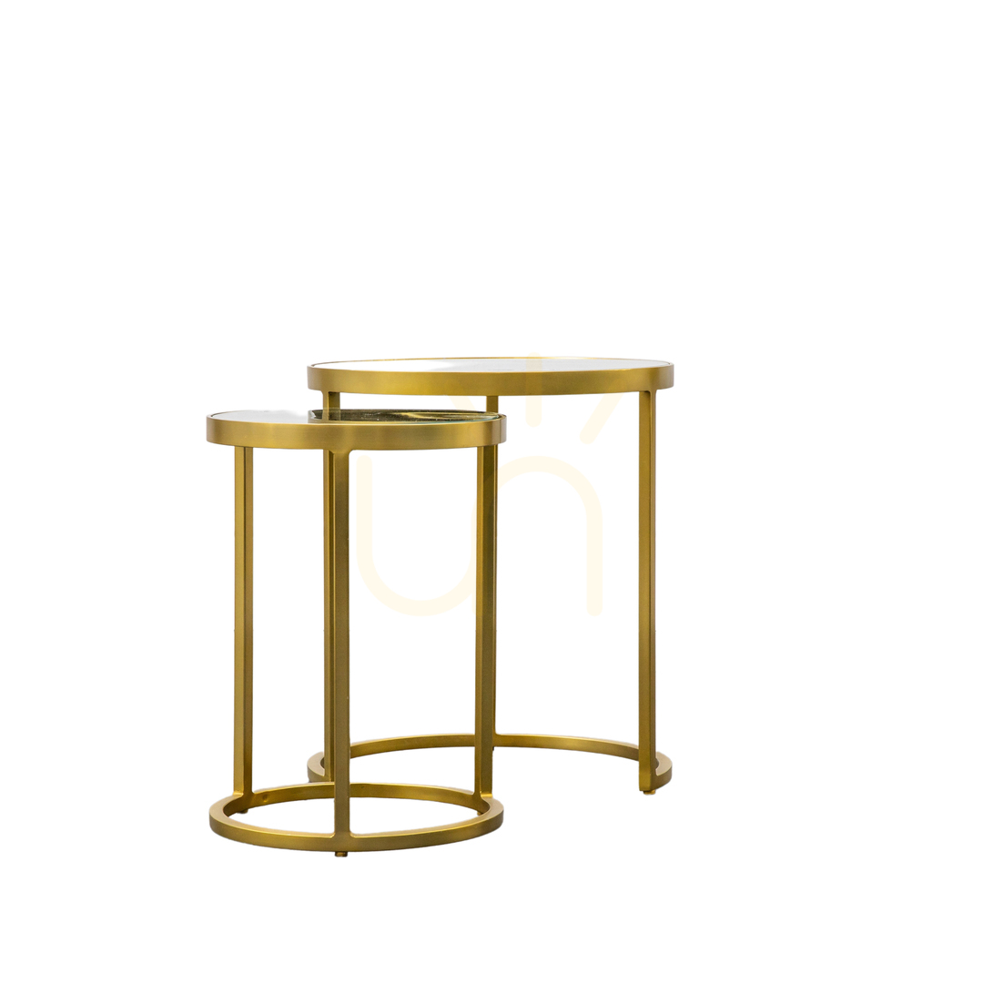 Anzeige Beistelltisch 2er-Set Gallery Direct Rowe Gold Metall Glas 40 x 45 cm Beistelltisch 2er-Set Gallery Direct Rowe Gold Metall Glas 40 x 45 cm