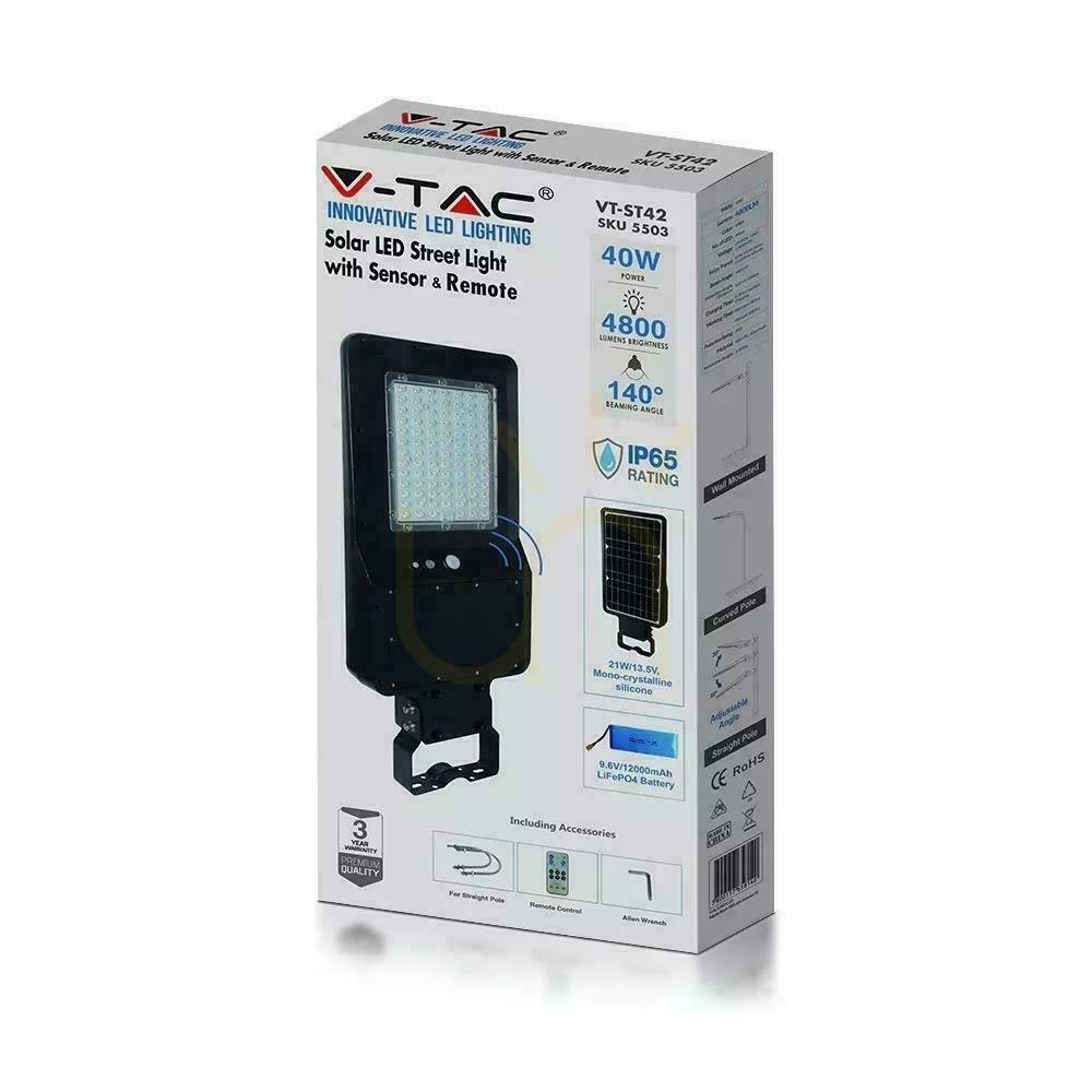 Zeige V-TAC Solar-Straßenleuchte 40W LED Schwarz IP65 120Lm/W VT-ST42 6000K 4800lm 3 Jahre Garantie V-TAC Solar-Straßenleuchte 40W LED Schwarz IP65 120Lm/W VT-ST42 6000K 4800lm 3 Jahre Garantie