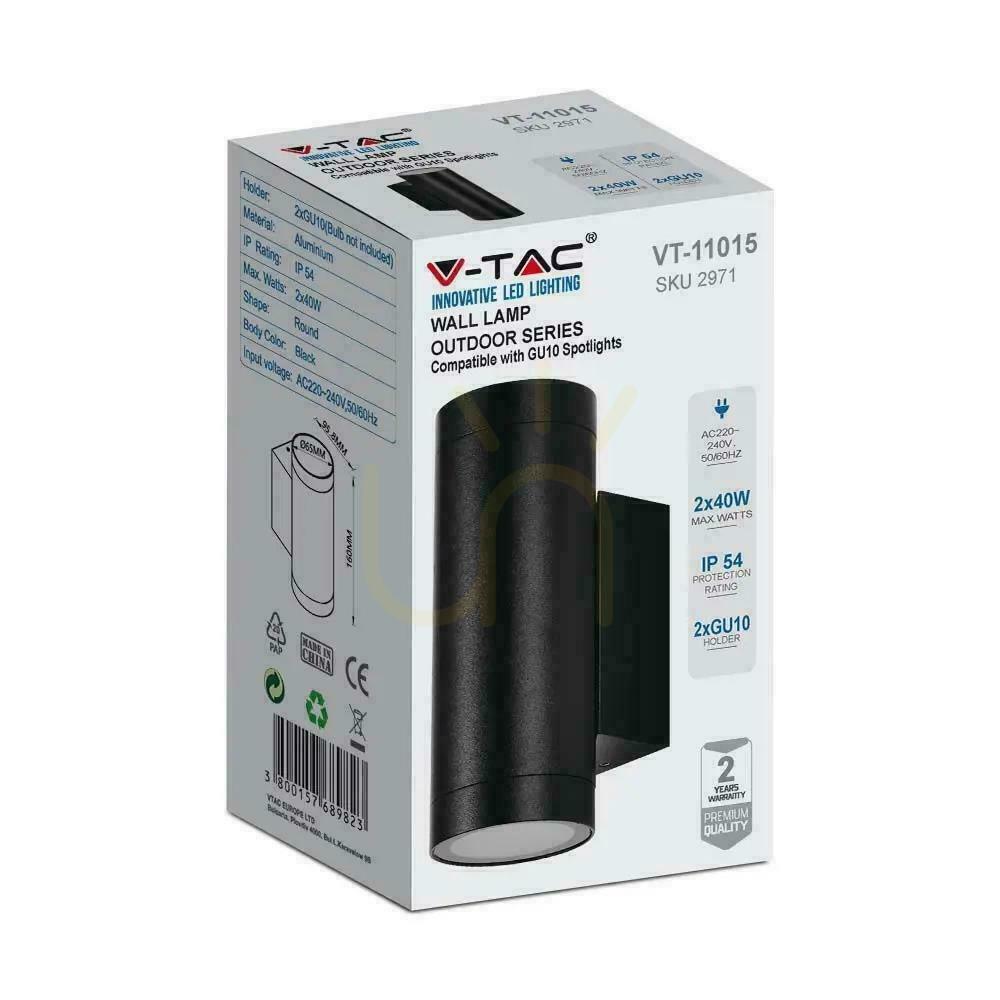 Zeige V-TAC Top Down 2xGU10 Schwarz IP54 VT-11015 Gartenfassaden-Wandleuchte. V-TAC Top Down 2xGU10 Schwarz IP54 VT-11015 Gartenfassaden-Wandleuchte.