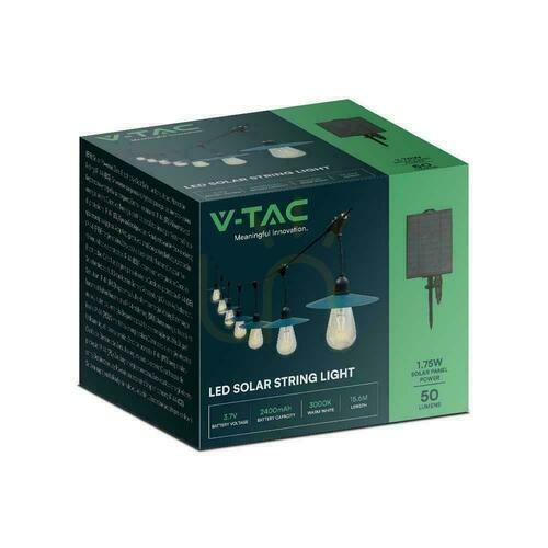 Prüfen V-TAC 15mb Solar LED Garten Girlande 15xST64 VT-715S Filament 3000K 50lm.