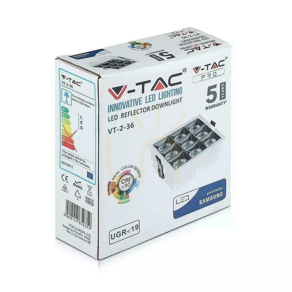Zeige V-TAC Downlight SAMSUNG CHIP 36W UGR19 CRI90+ 12st VT-2-36 5700K 2880lm 5 Jahre Garantie V-TAC Downlight SAMSUNG CHIP 36W UGR19 CRI90+ 12st VT-2-36 5700K 2880lm 5 Jahre Garantie