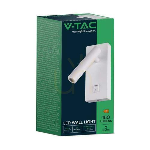 Prüfen LED-Leuchte V-TAC 2W Wandleuchte Hotel Bett Schalter Weiß VT-402 4000K 150lm