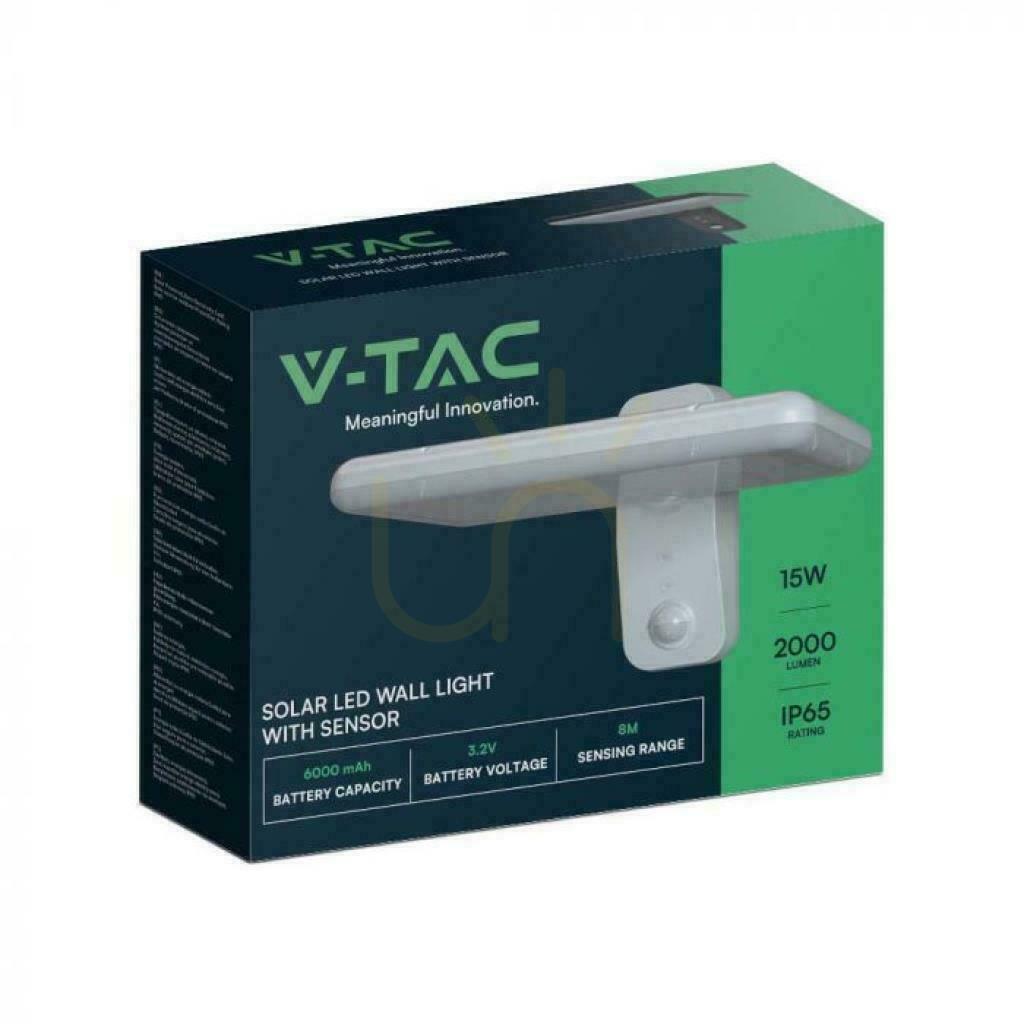 Vorschau V-TAC 15W CCT Bewegungsmelder IP65 Weiß VT-414 4000K-6000K 2000lm Solar-Wandleuchte für den Garten. V-TAC 15W CCT Bewegungsmelder IP65 Weiß VT-414 4000K-6000K 2000lm Solar-Wandleuchte für den Garten.