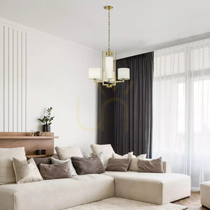 Hampton Kronleuchter - 4 Lichtquellen - Messing gebürstet, Leinenschirme Elstead small 4