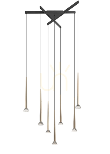 Prüfen Zuma Line BOSTON P0603-07C-SDB1 Pendelleuchte, 7 x LED, 3850 lm, 3000 K, mattschwarz und Gold, 81 cm, Höhe 88-168 cm