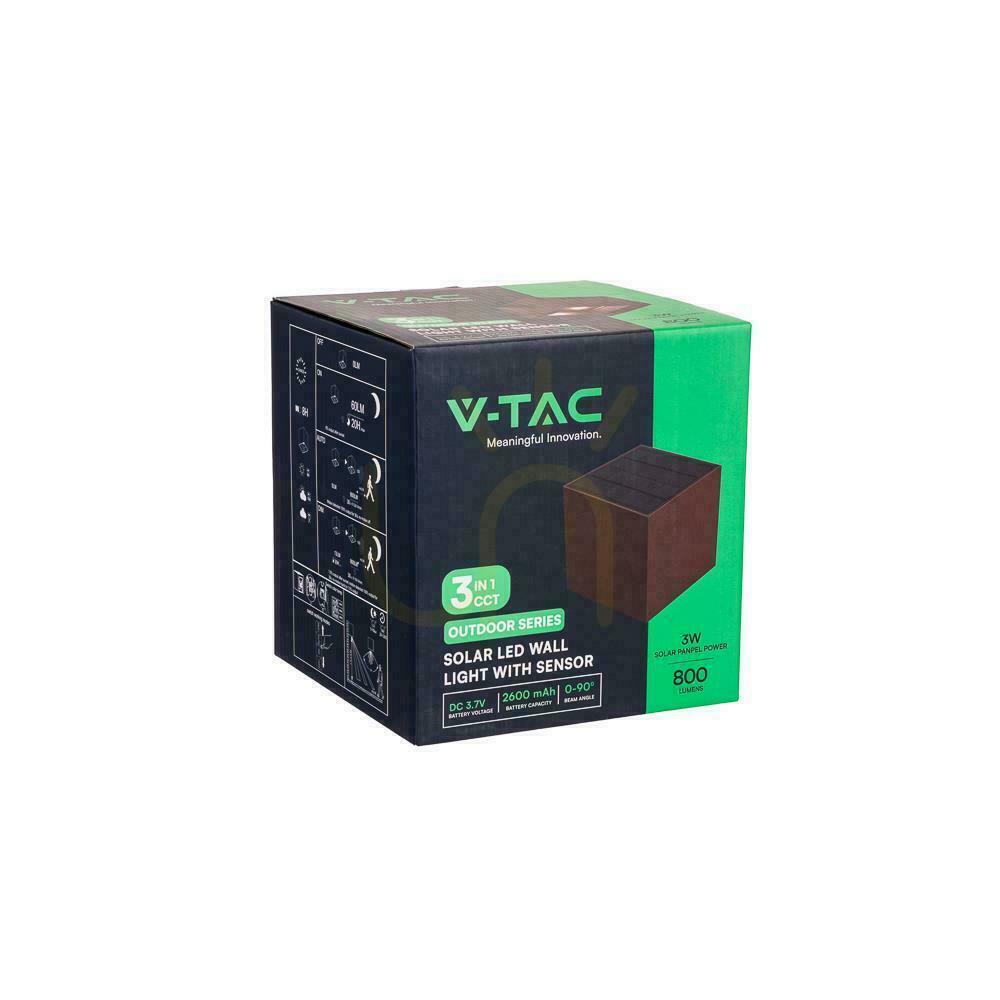 Zeige V-TAC 9W LED COB Corten Bronze Cube 15x15cm IP65 Solar Wandleuchte VT-409CCT 3000K-4000K-5000K 800lm Bewegungsmelder V-TAC 9W LED COB Corten Bronze Cube 15x15cm IP65 Solar Wandleuchte VT-409CCT 3000K-4000K-5000K 800lm Bewegungsmelder