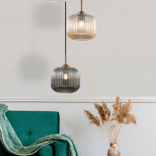 Prüfen Pendelleuchte Zambelis 3-flammig E27 Glas transparent geräuchert Champagner 40 cm