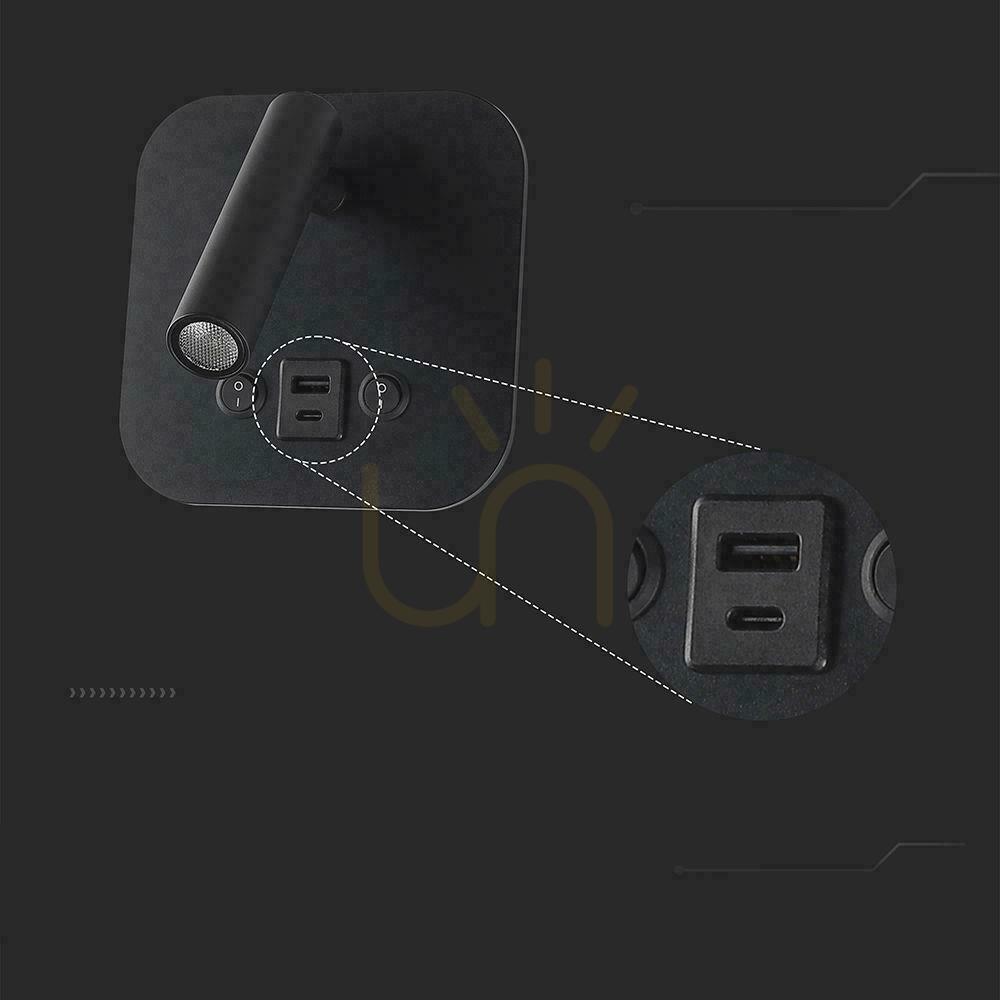 Zeige LED Leuchte V-TAC 8W COB CREE Wandleuchte schwarz Hotelbett USB+USB C Schalter VT-80068-B 3000K 830lm 2 Jahre Garantie LED Leuchte V-TAC 8W COB CREE Wandleuchte schwarz Hotelbett USB+USB C Schalter VT-80068-B 3000K 830lm 2 Jahre Garantie