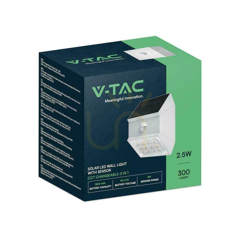 Zeige V-TAC 2.5W CCT Solar-Wandleuchte Bewegungsmelder weiß VT-11025CCT-W 3000K-4000K-6000K 300lm V-TAC 2.5W CCT Solar-Wandleuchte Bewegungsmelder weiß VT-11025CCT-W 3000K-4000K-6000K 300lm