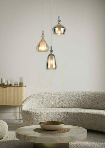 Prüfen Trio ALDEA 349430317 Pendelleuchte 3×E14 – Weiß, Chrom und amberfarbenes Glas
