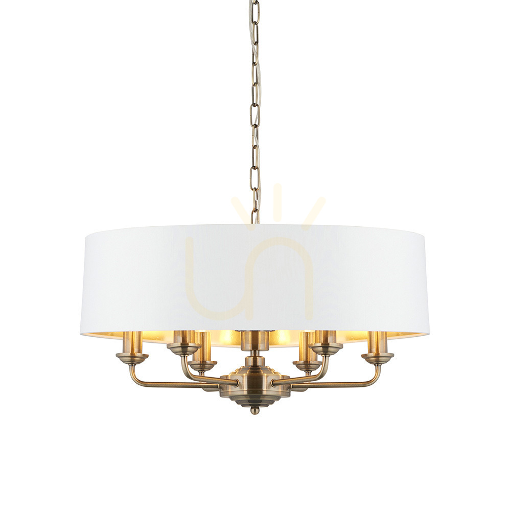 Endon Highclere Brass 6 Light Pendant Lamp Vintage White 55cm