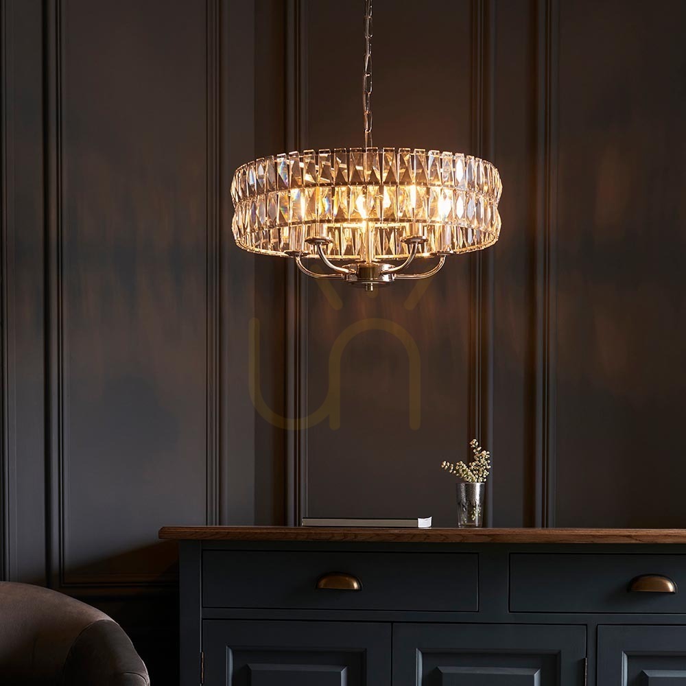 Zeige Pendelleuchte Endon Clifton 5-flammig Silber Stahl Glas E14 dimmbar Pendelleuchte Endon Clifton 5-flammig Silber Stahl Glas E14 dimmbar