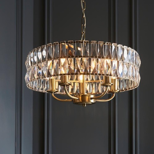 Prüfen Endon CLIFTON 106244 Pendelleuchte, 5 x E14 max. 6 W, Schliffglas, Antikmessing, ø50,5 cm