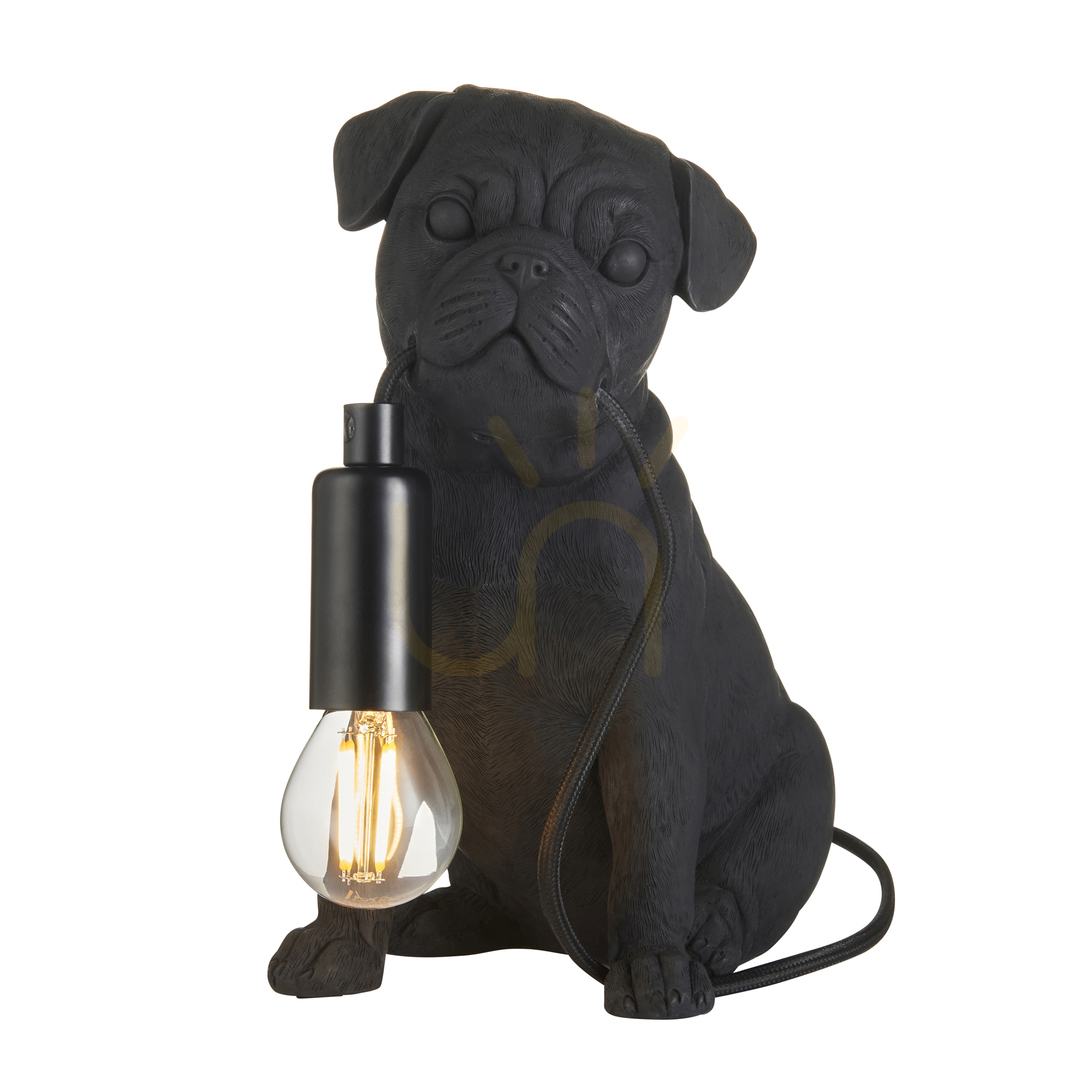 Lampă de masă Endon Pug Puppy neagră din rășină și oțel, soclu E14