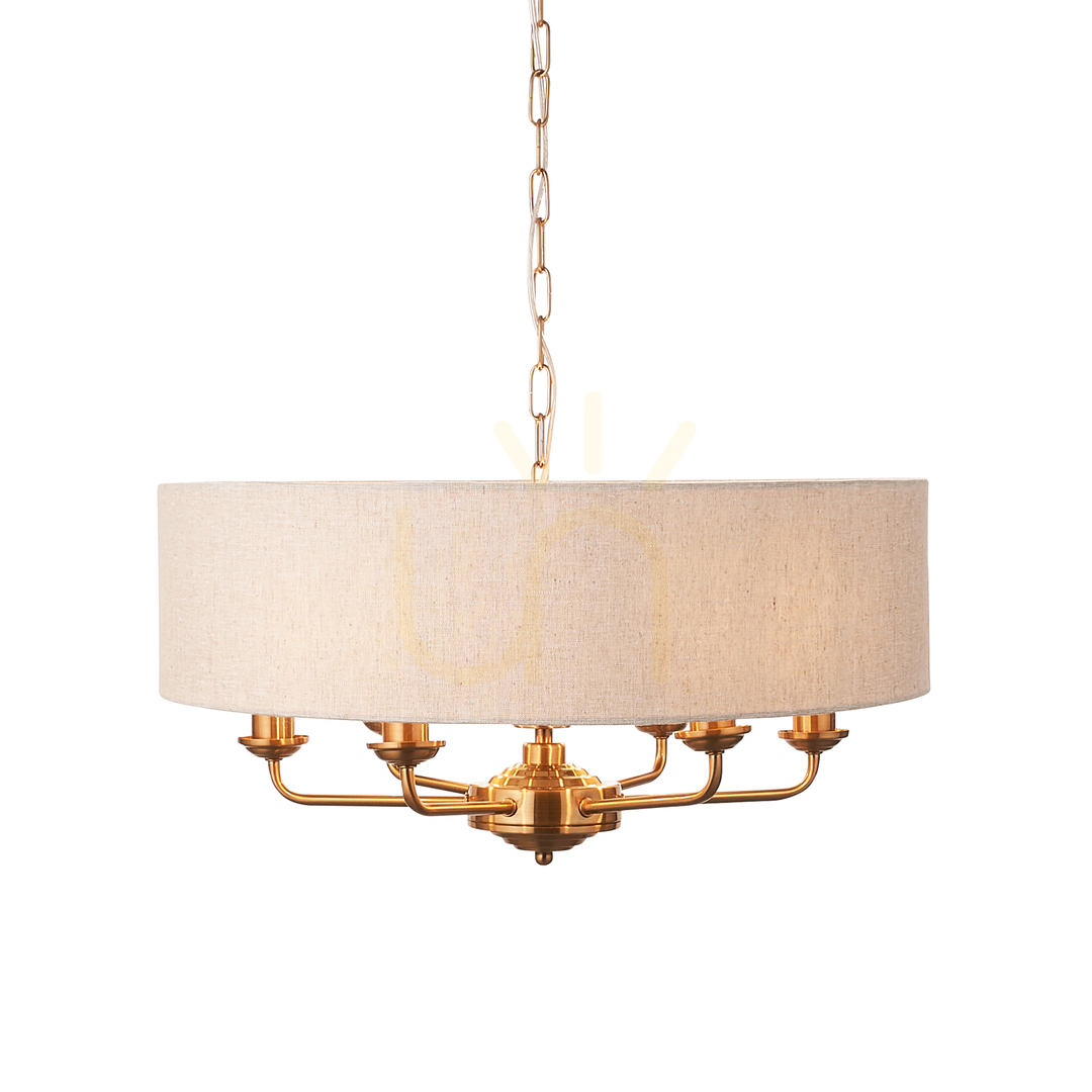 Závesné svietidlo Endon Highclere Brass 6xE14 Ø55 cm mosadz textilné