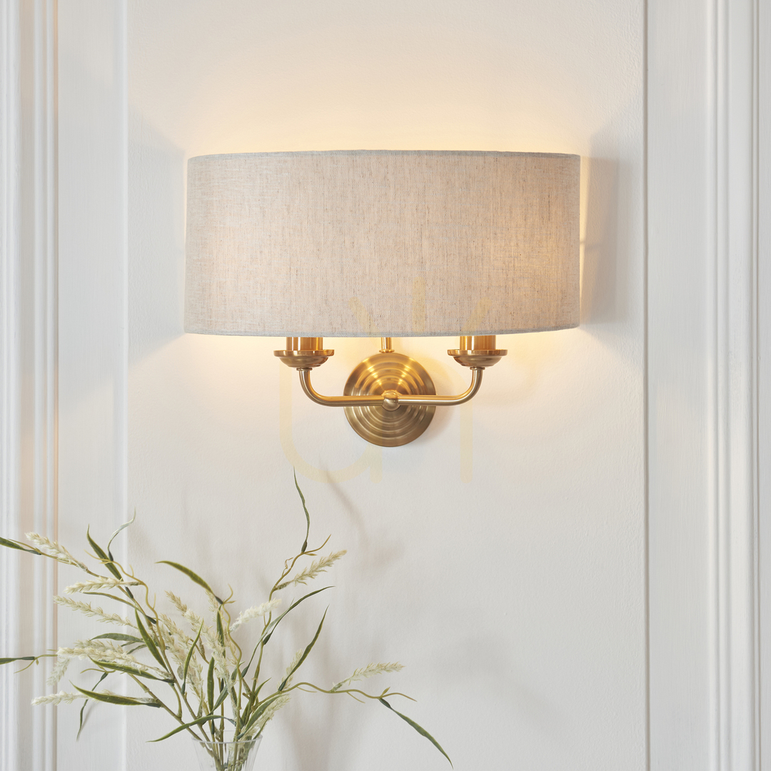 Aussicht Wandleuchte Endon Highclere Messing 2-flammig E14 Stoffschirm natural Wandleuchte Endon Highclere Messing 2-flammig E14 Stoffschirm natural