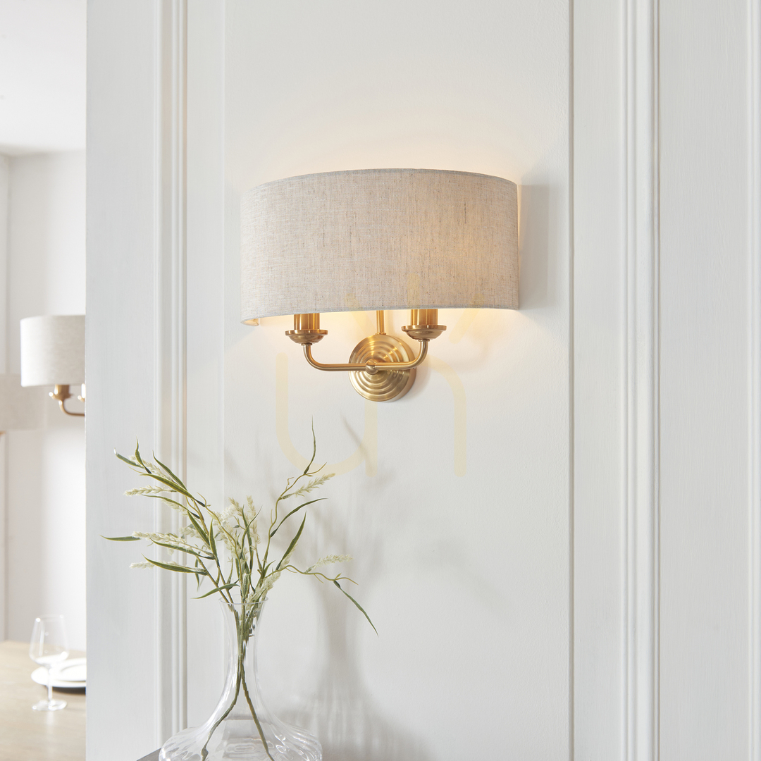 Vorschau Wandleuchte Endon Highclere Messing 2-flammig E14 Stoffschirm natural Wandleuchte Endon Highclere Messing 2-flammig E14 Stoffschirm natural