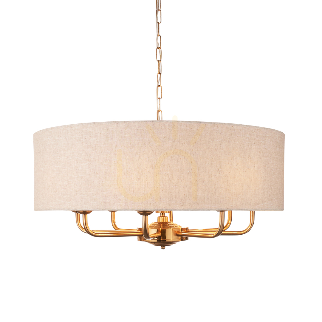 Endon Brass 8 Light Pendant Lamp 70cm Fabric Natural Shade
