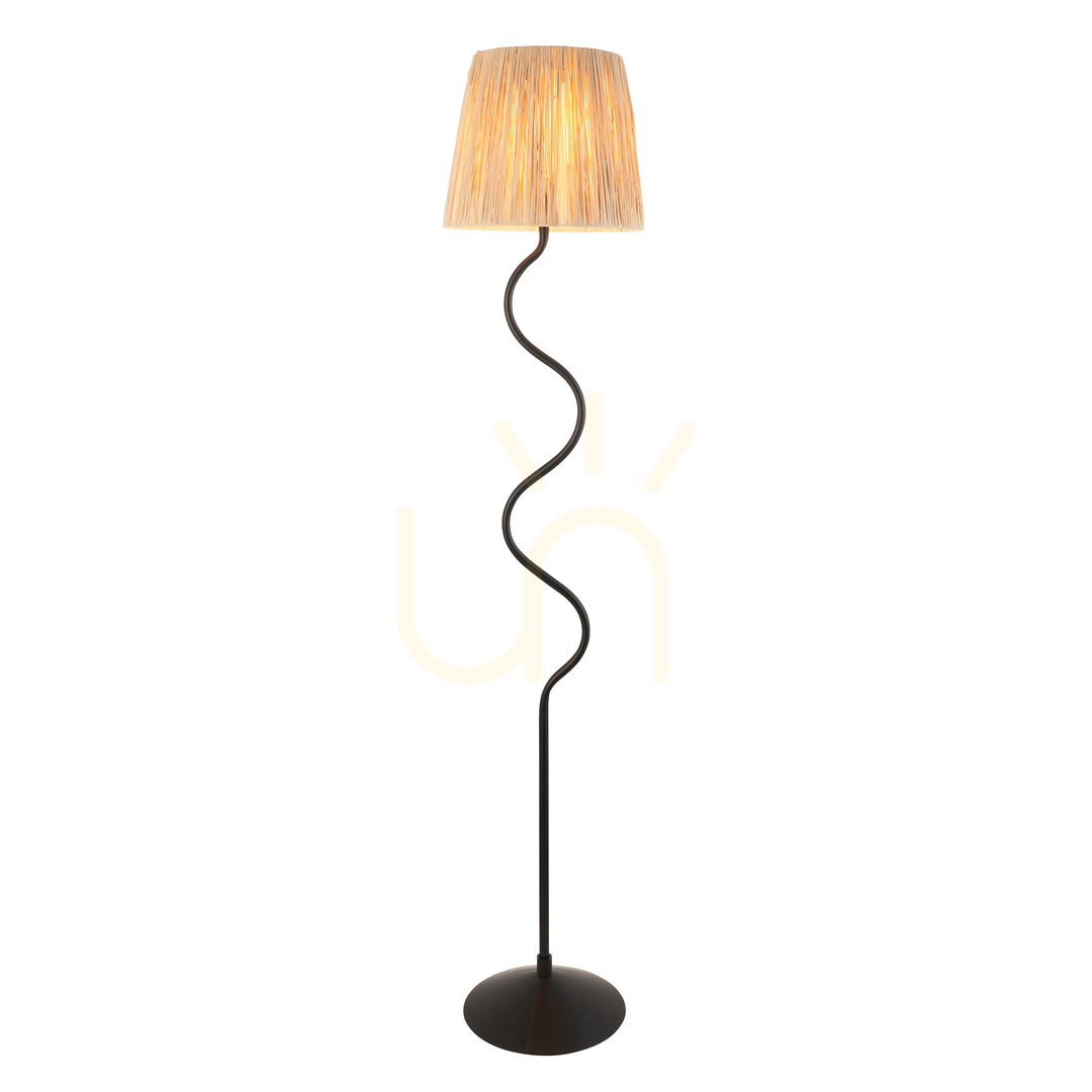 Lampă de podea Endon Wriggle neagră, abajur fibră naturală, E27, 150 cm