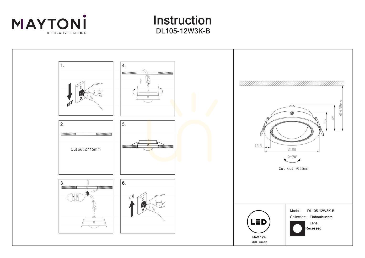 Anzeige LENS-Einbauleuchte DL105-12W3K-B IP44 Maytoni LENS-Einbauleuchte DL105-12W3K-B IP44 Maytoni