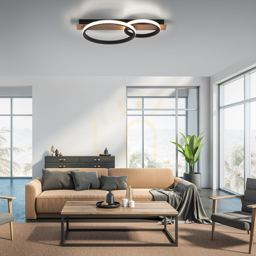 Prüfen Paul Neuhaus / JUST LIGHT Trooper LED-Deckenleuchte 30 W 1200lm 3000K zwei Ringe schwarz mit Holzdekor 53 cm 15615-78