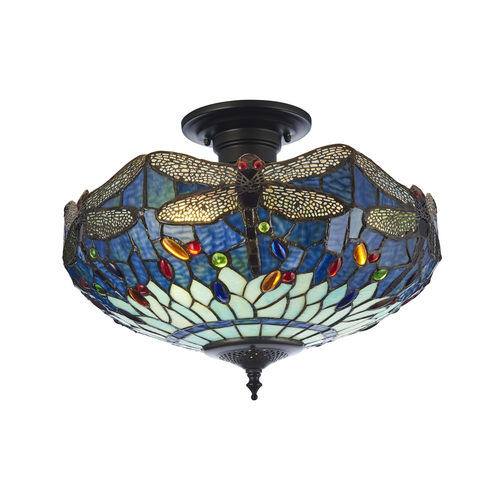 Prüfen Deckenleuchte Interiors Dragonfly Tiffany Blau Glas Stahl 3-flammig E27 Ø41 cm 111897