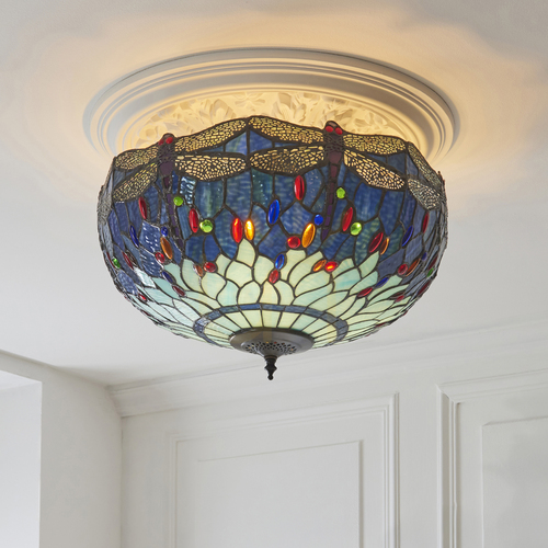Prüfen Deckenleuchte Interiors Dragonfly Tiffany Blau Glas Stahl 3-flammig E27 111899