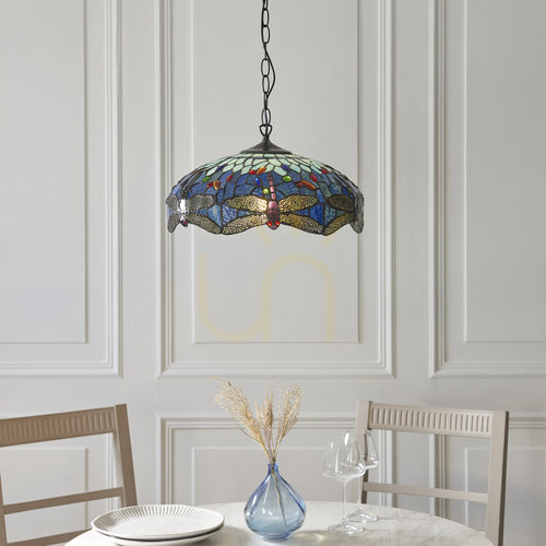 Prüfen Pendelleuchte Tiffany Blau Glas Stahl 41 cm E27 Interiors 112195