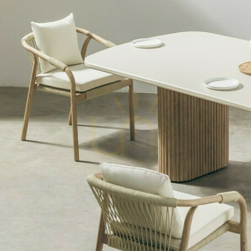 Aussicht OVIGO 220 cm Gartentisch mit Steinplatte, helles Akazienholz/hellbeige, abgerundete Formen, Nova Nook-Lamellen OVIGO 220 cm Gartentisch mit Steinplatte, helles Akazienholz/hellbeige, abgerundete Formen, Nova Nook-Lamellen