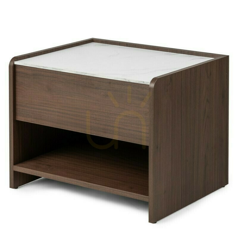 Zeige TANNA Nachttisch, Walnuss, Kristallmarmor, abgerundete Nova-Ecke TANNA Nachttisch, Walnuss, Kristallmarmor, abgerundete Nova-Ecke