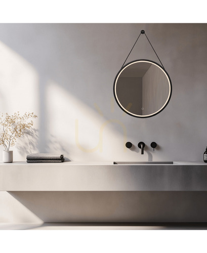 Prüfen Badspiegel rund Ø60 cm mit LED-Beleuchtung 15 W am Riemen, Touch-Dimmer, 3000/4000 K, IP44, schwarz matt, Zambelis 25387