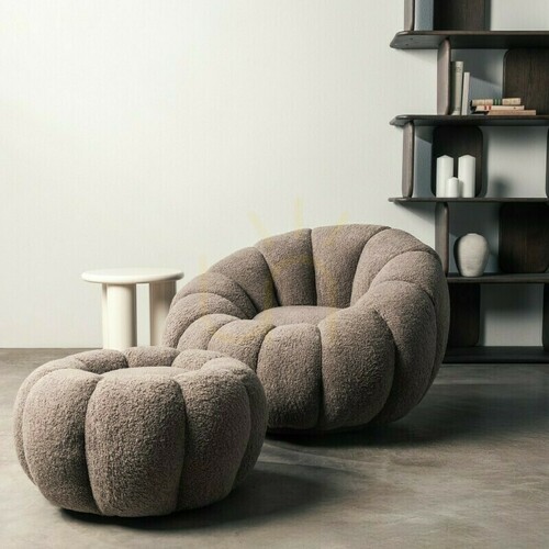 Prüfen Sessel „FLOWER“ in Cappuccino, mit Drehfuß, Bouclé-Bezug und abgerundeten Formen von Nova Nook