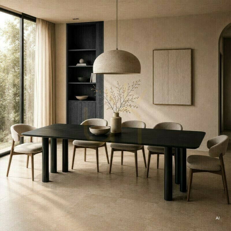 Aussicht OAL Ausziehbarer Tisch 140–200 cm, Eichenfurnier, Schwarz, Buchenholz, abgerundete Nova-Ecke OAL Ausziehbarer Tisch 140–200 cm, Eichenfurnier, Schwarz, Buchenholz, abgerundete Nova-Ecke