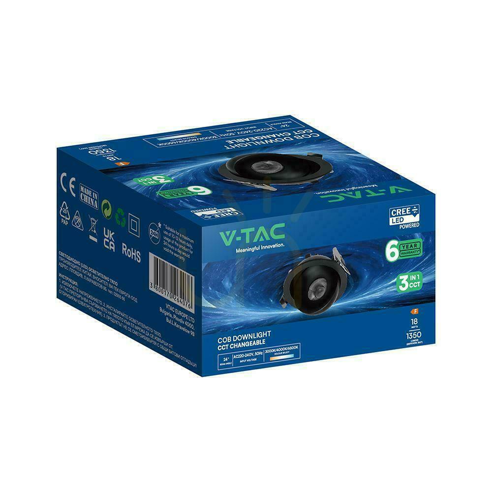 Vorschau V-TAC LED CREE Einbau-Downlight, schwenkbar, 18 W, CRI 90+, CCT, IP44, Weiß, VT-110017CCT, 1350 lm, 6 Jahre Garantie V-TAC LED CREE Einbau-Downlight, schwenkbar, 18 W, CRI 90+, CCT, IP44, Weiß, VT-110017CCT, 1350 lm, 6 Jahre Garantie