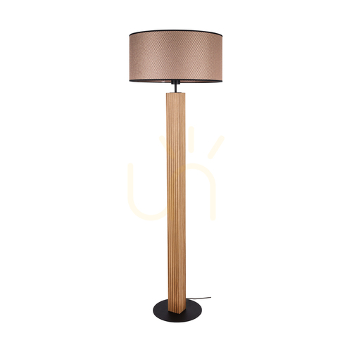 Prüfen Riflet Stehlampe, geölte Eiche/Schwarz, braun-schwarz-goldener Lampenschirm, 1xE27, Ø 50 cm