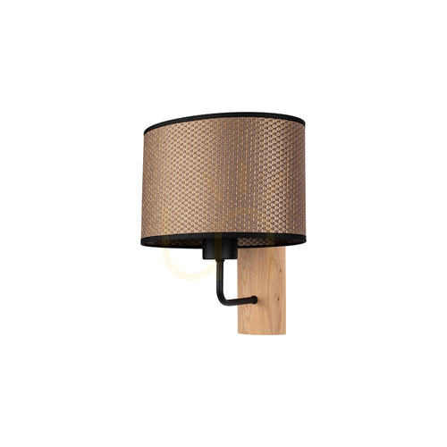 Prüfen Mercedes Wandleuchte, geölte Eiche/Schwarz, braun-schwarz-goldener Lampenschirm, 1xE27, 25 cm